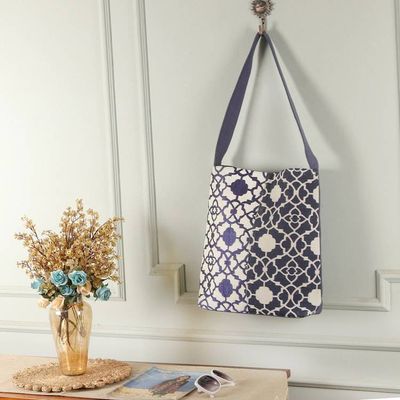 Alternate image for Embroidered White and Midnight Blue 100 Cotton Shoulder Bag Midnight Blue Charm