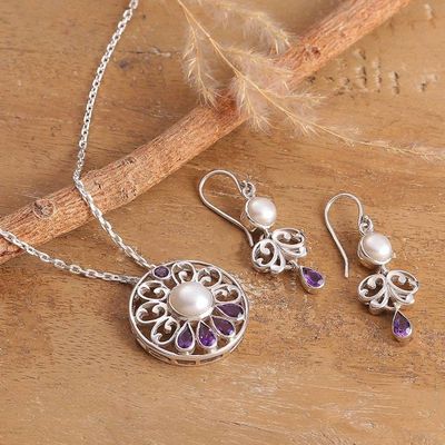 Primary image for Floral Natural Cream Pearl and Faceted Amethyst Jewelry Set Wise Sparkle