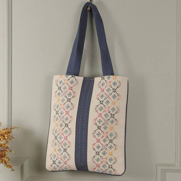 Alternate image for Folk Art-Themed White and Blue 100 Cotton Shoulder Bag Paths to Midnight