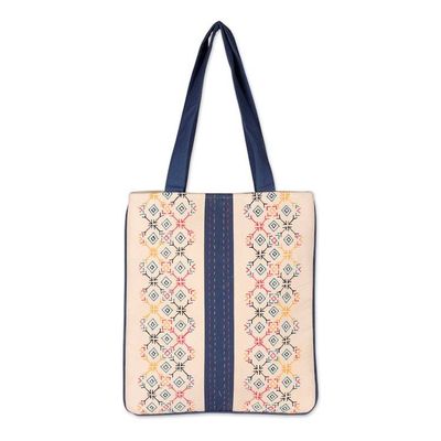 Alternate image for Folk Art-Themed White and Blue 100 Cotton Shoulder Bag Paths to Midnight
