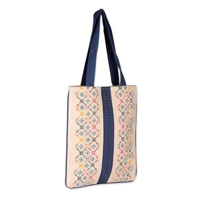 Alternate image for Folk Art-Themed White and Blue 100 Cotton Shoulder Bag Paths to Midnight
