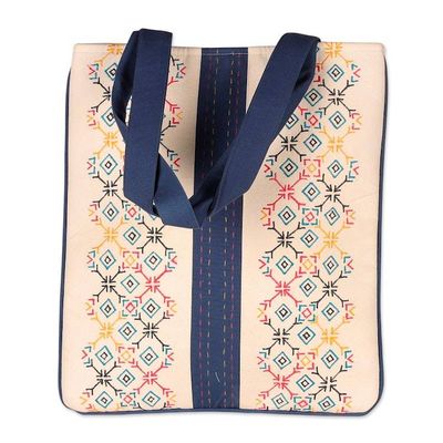 Alternate image for Folk Art-Themed White and Blue 100 Cotton Shoulder Bag Paths to Midnight