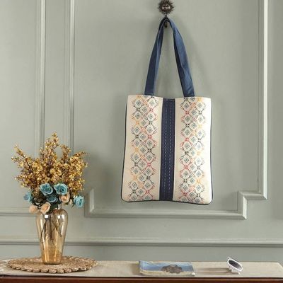 Alternate image for Folk Art-Themed White and Blue 100 Cotton Shoulder Bag Paths to Midnight