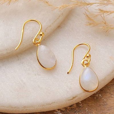 Primary image for Polished 22k Gold-Plated Rainbow Moonstone Dangle Earrings Mesmerizing Minimalism