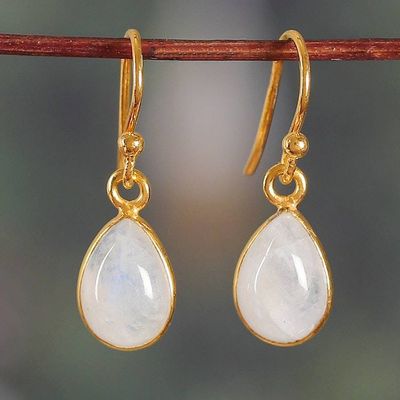 Alternate image for Polished 22k Gold-Plated Rainbow Moonstone Dangle Earrings Mesmerizing Minimalism