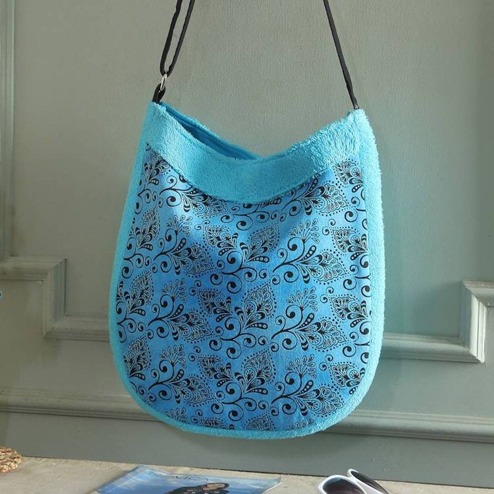 Spring-Inspired Cerulean 100 Cotton Floral Shoulder Bag 'Cerulean Vines'