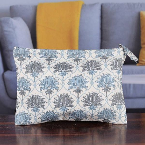 Alternate image for Trellis-Patterned Blue and White Lotus Cotton Comestic Bag Dream of Lotus