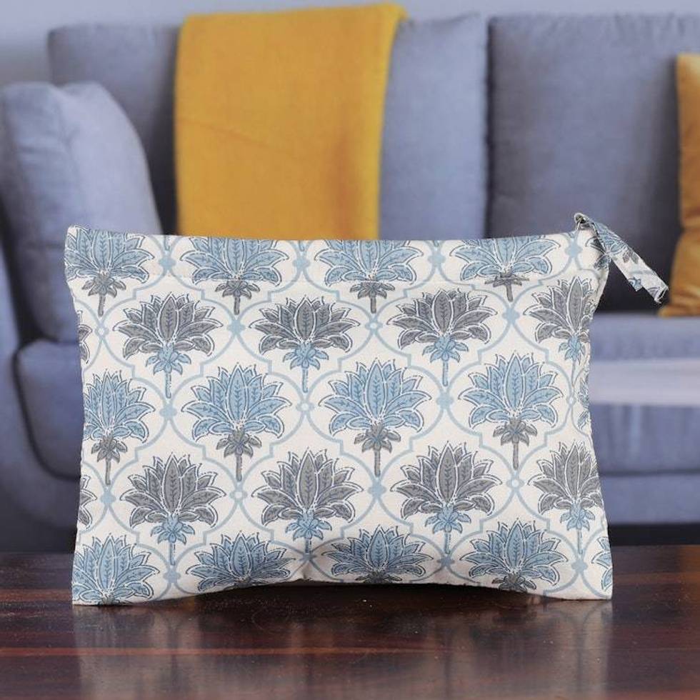 Trellis-Patterned Blue and White Lotus Cotton Comestic Bag 'Dream of Lotus'