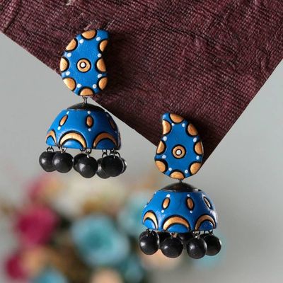 Primary image for Paisley-Inspired Blue and Golden Ceramic Dangle Earrings Paisley Sky