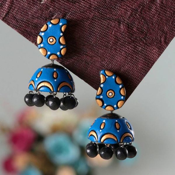 Alternate image for Paisley-Inspired Blue and Golden Ceramic Dangle Earrings Paisley Sky