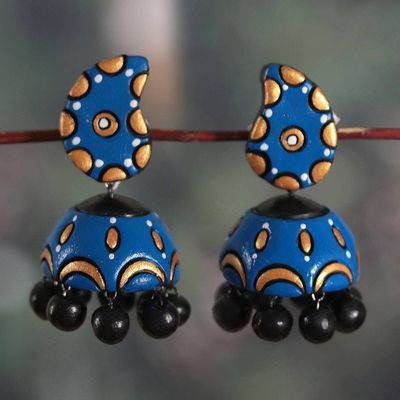 Alternate image for Paisley-Inspired Blue and Golden Ceramic Dangle Earrings Paisley Sky