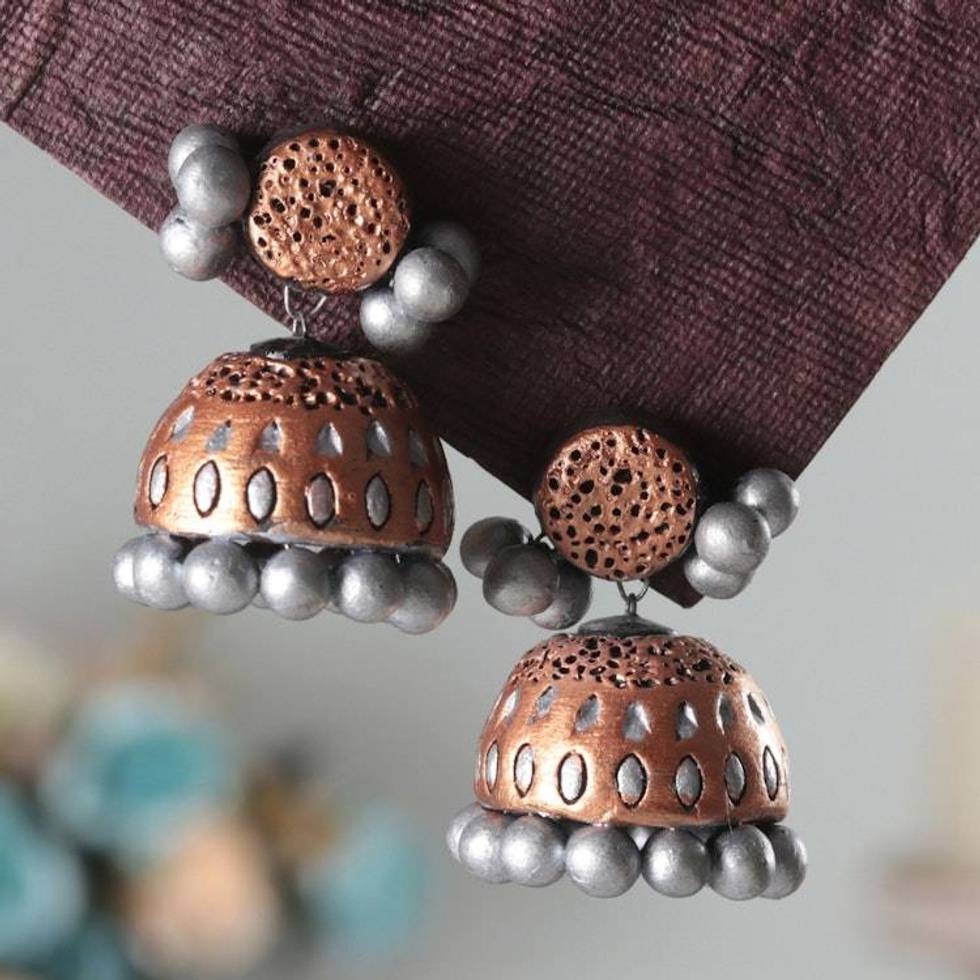 Bollywood-Inspired Copper and Silver Ceramic Dangle Earrings 'Royal Ambience'