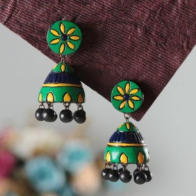 Primary image for Floral Hand-Painted Green and Yellow Ceramic Dangle Earrings Green of Garden