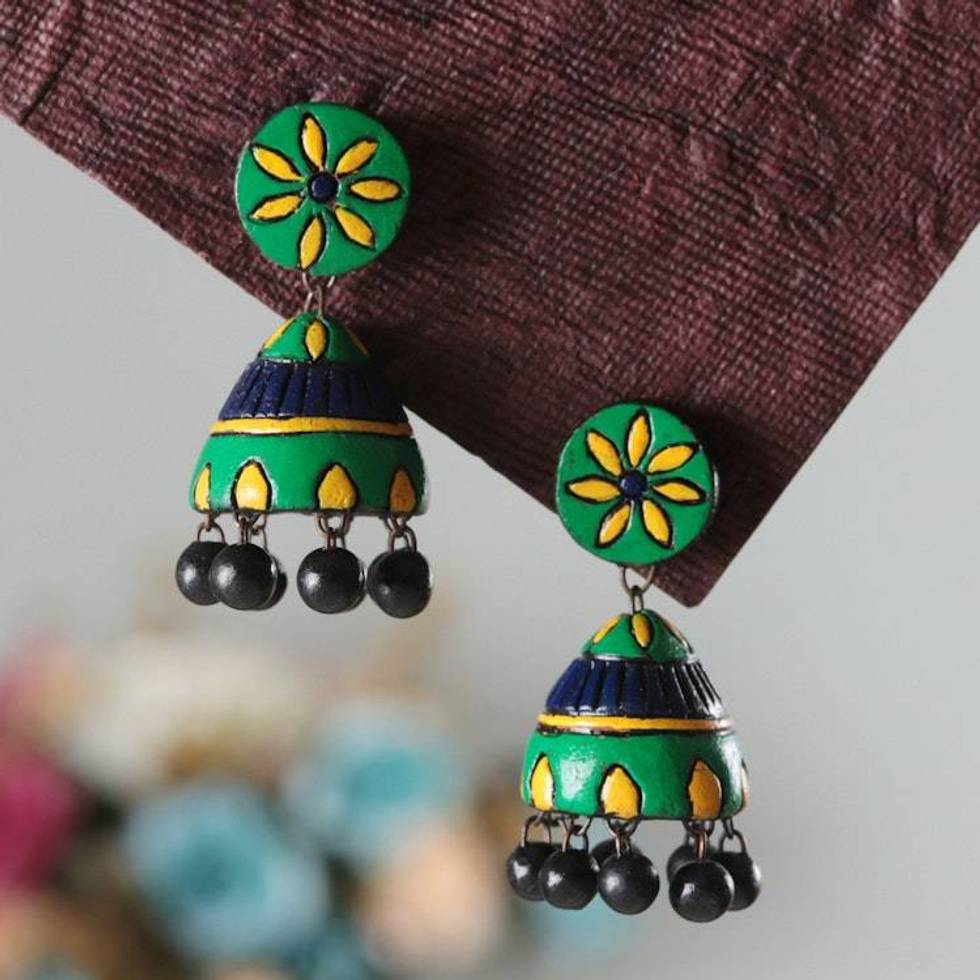 Floral Hand-Painted Green and Yellow Ceramic Dangle Earrings 'Green of Garden'