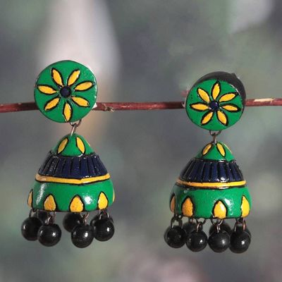 Alternate image for Floral Hand-Painted Green and Yellow Ceramic Dangle Earrings Green of Garden