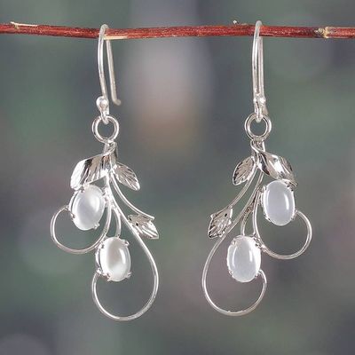 Alternate image for Moonstone Silver Dangle Earrings with Leaf Nature Motif Luminous Leaves