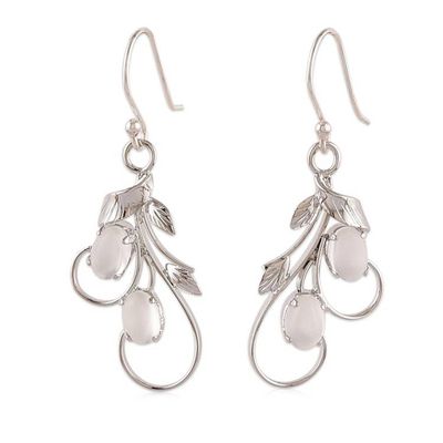 Alternate image for Moonstone Silver Dangle Earrings with Leaf Nature Motif Luminous Leaves