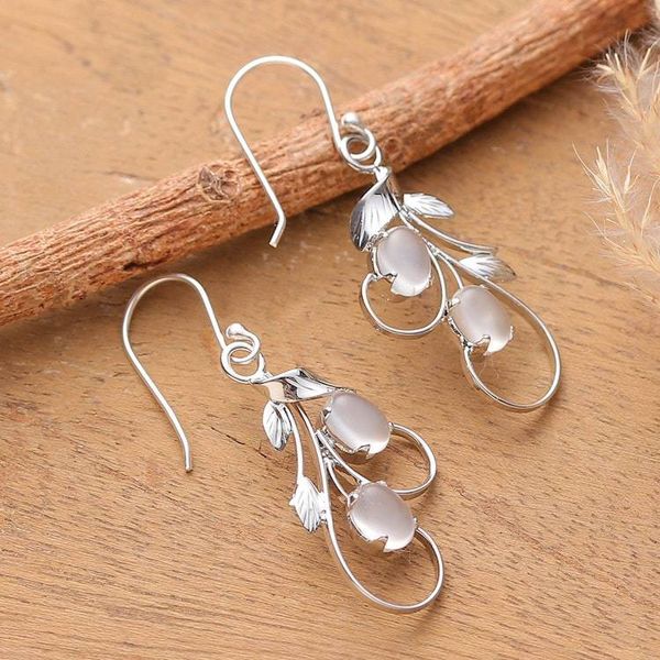 Alternate image for Moonstone Silver Dangle Earrings with Leaf Nature Motif Luminous Leaves