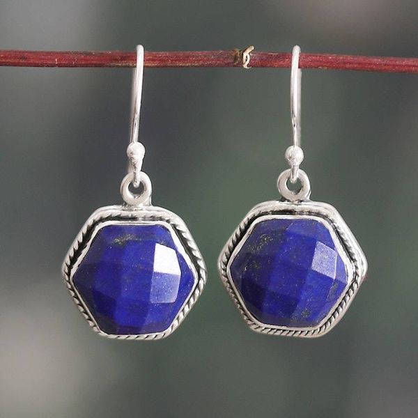 Alternate image for Hexagonal Silver Dangle Earrings with Lapis Lazuli Stones Azure Majesty