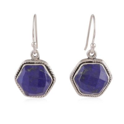 Alternate image for Hexagonal Silver Dangle Earrings with Lapis Lazuli Stones Azure Majesty