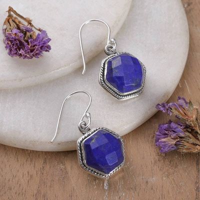 Alternate image for Hexagonal Silver Dangle Earrings with Lapis Lazuli Stones Azure Majesty