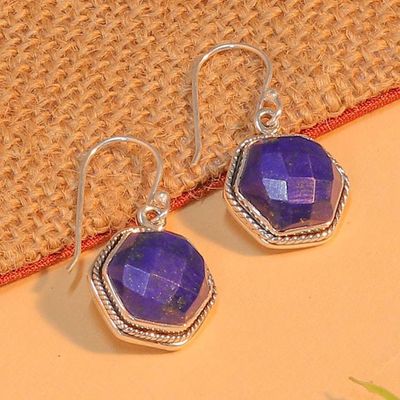 Alternate image for Hexagonal Silver Dangle Earrings with Lapis Lazuli Stones Azure Majesty
