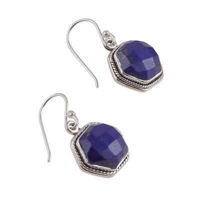Alternate image for Hexagonal Silver Dangle Earrings with Lapis Lazuli Stones Azure Majesty