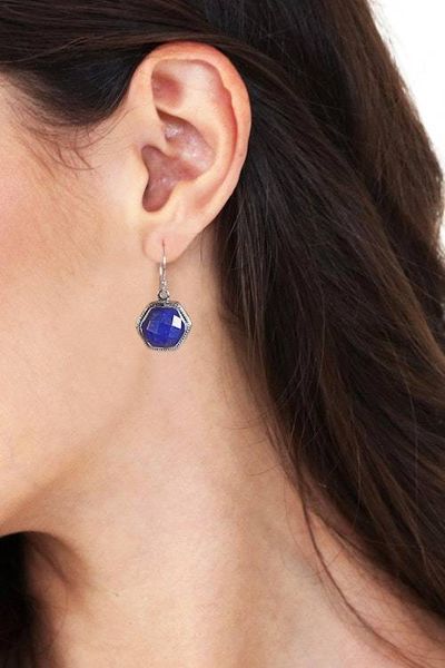 Alternate image for Hexagonal Silver Dangle Earrings with Lapis Lazuli Stones Azure Majesty