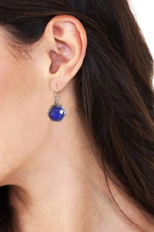 Alternate image for Hexagonal Silver Dangle Earrings with Lapis Lazuli Stones Azure Majesty