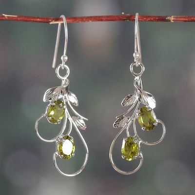 Alternate image for Peridot Silver Dangle Earrings with Leaf and Tendril Design Verdant Leaves
