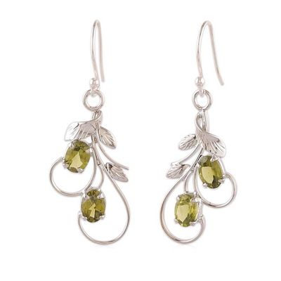 Alternate image for Peridot Silver Dangle Earrings with Leaf and Tendril Design Verdant Leaves