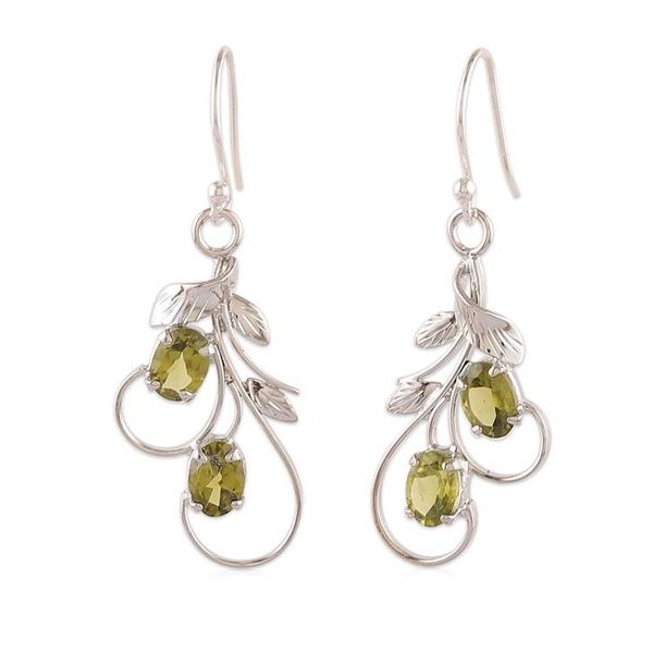 Alternate image for Peridot Silver Dangle Earrings with Leaf and Tendril Design Verdant Leaves