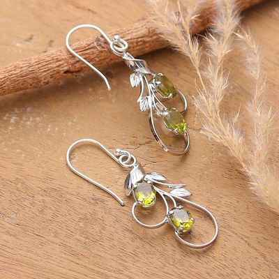 Alternate image for Peridot Silver Dangle Earrings with Leaf and Tendril Design Verdant Leaves