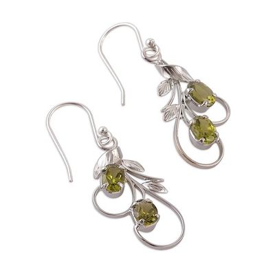 Alternate image for Peridot Silver Dangle Earrings with Leaf and Tendril Design Verdant Leaves