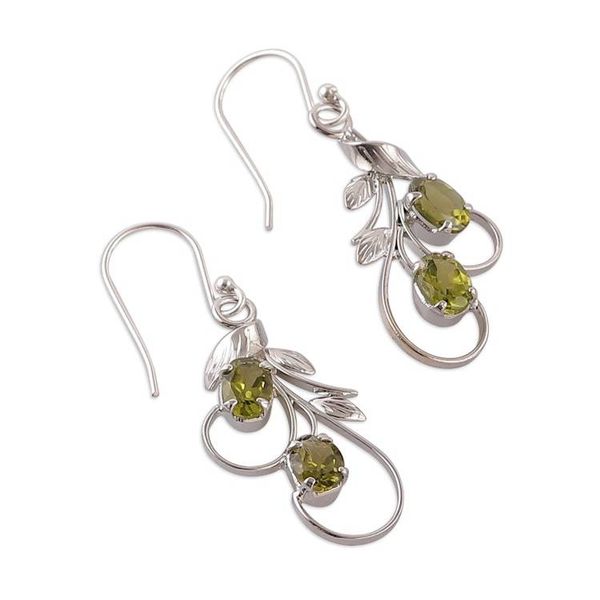 Alternate image for Peridot Silver Dangle Earrings with Leaf and Tendril Design Verdant Leaves