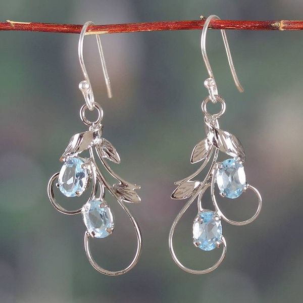 Alternate image for Leaf Tendril-Themed Silver Earrings with Blue Topaz Stones Soothing Leaves