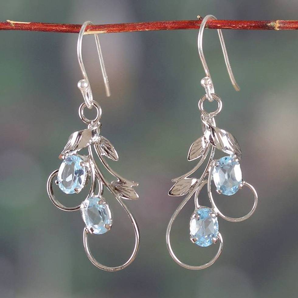Leaf Tendril-Themed Silver Earrings with Blue Topaz Stones 'Soothing Leaves'