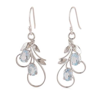 Alternate image for Leaf Tendril-Themed Silver Earrings with Blue Topaz Stones Soothing Leaves