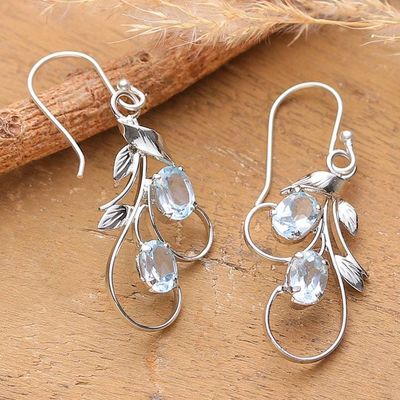 Alternate image for Leaf Tendril-Themed Silver Earrings with Blue Topaz Stones Soothing Leaves