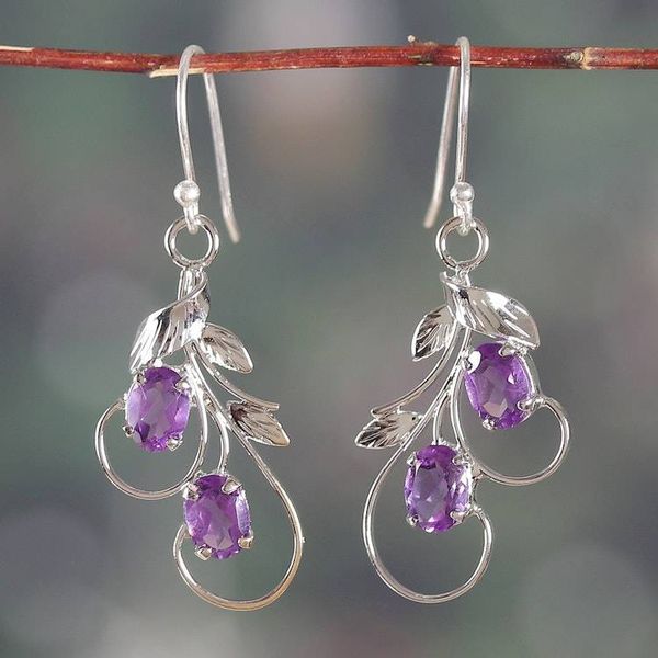 Alternate image for Leaf Tendril Nature-Inspired Amethyst Silver Dangle Earrings Passionate Leaves