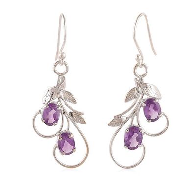 Alternate image for Leaf Tendril Nature-Inspired Amethyst Silver Dangle Earrings Passionate Leaves