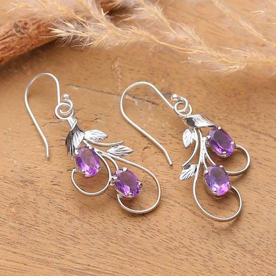 Alternate image for Leaf Tendril Nature-Inspired Amethyst Silver Dangle Earrings Passionate Leaves