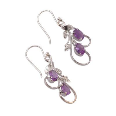 Alternate image for Leaf Tendril Nature-Inspired Amethyst Silver Dangle Earrings Passionate Leaves