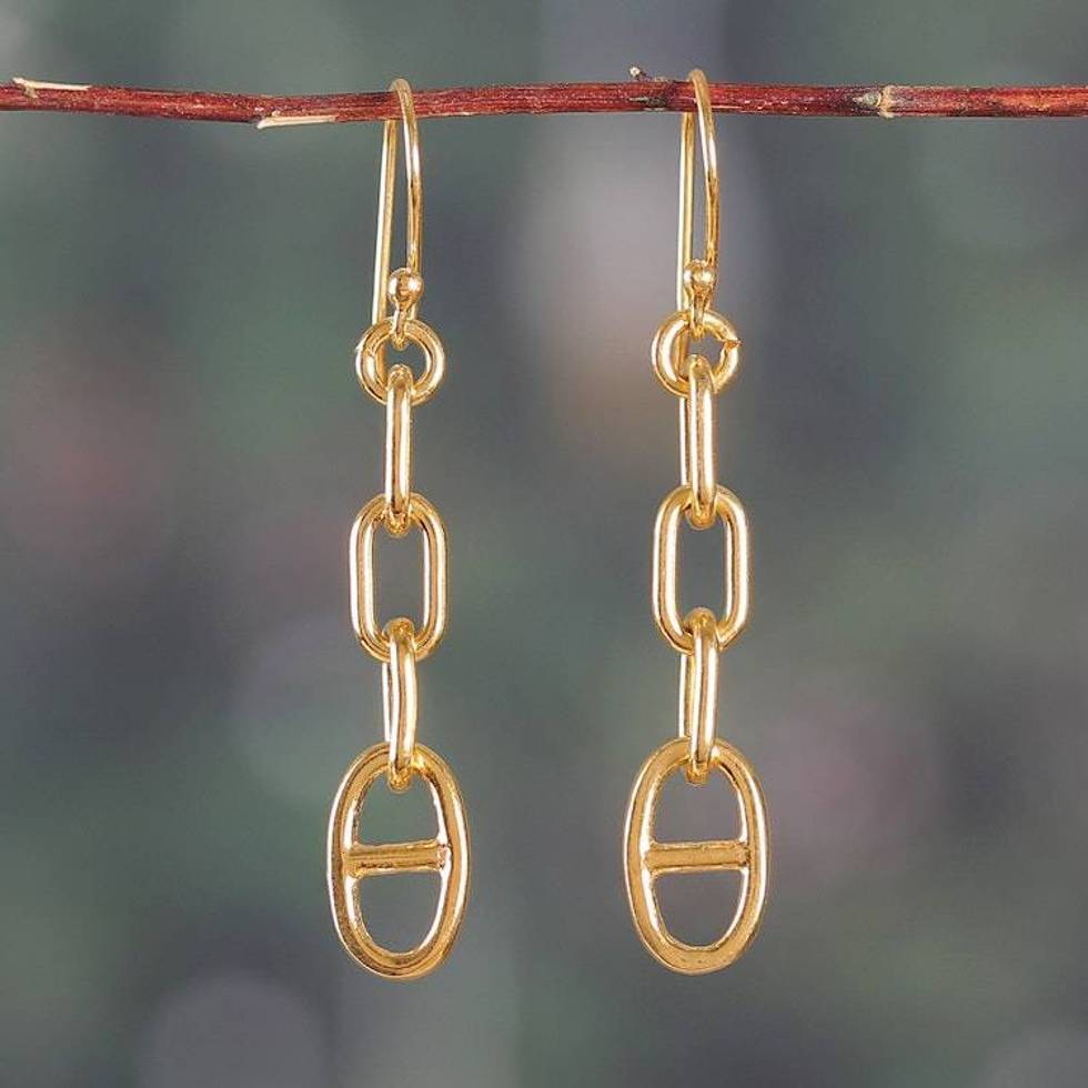 Gold-Plated Modern Link-Shaped Dangle Earrings from India 'Minimalist Links'