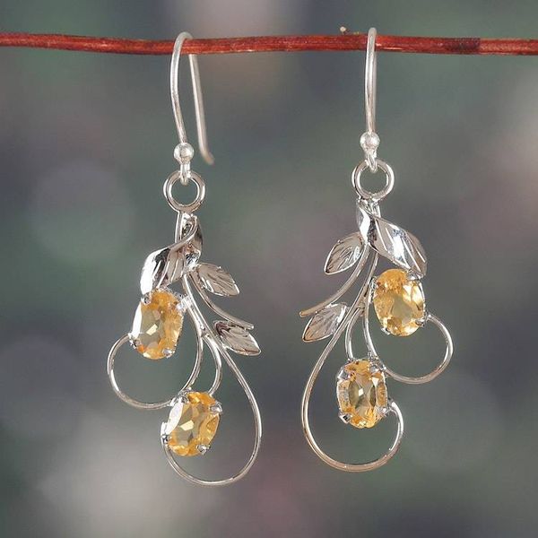 Alternate image for Leaf and Tendril-Inspired Citrine Silver Dangle Earrings Bright Leaves