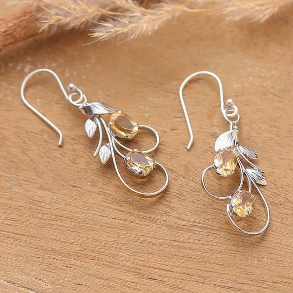 Alternate image for Leaf and Tendril-Inspired Citrine Silver Dangle Earrings Bright Leaves