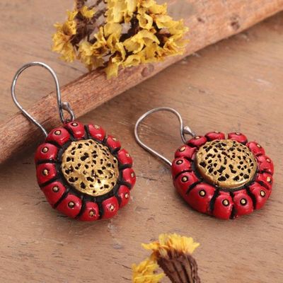 Primary image for Sunflower-Shaped Ceramic Dangle Earrings in Red and Golden Sunflower Seduction