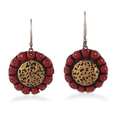 Alternate image for Sunflower-Shaped Ceramic Dangle Earrings in Red and Golden Sunflower Seduction