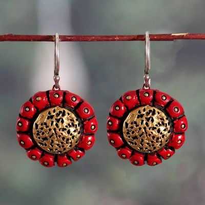 Alternate image for Sunflower-Shaped Ceramic Dangle Earrings in Red and Golden Sunflower Seduction