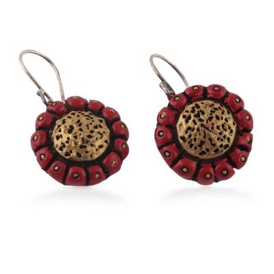 Alternate image for Sunflower-Shaped Ceramic Dangle Earrings in Red and Golden Sunflower Seduction